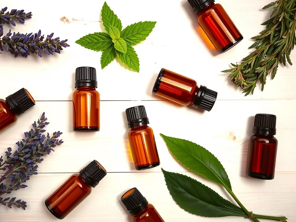Bottles of essential oils and fresh herbs
