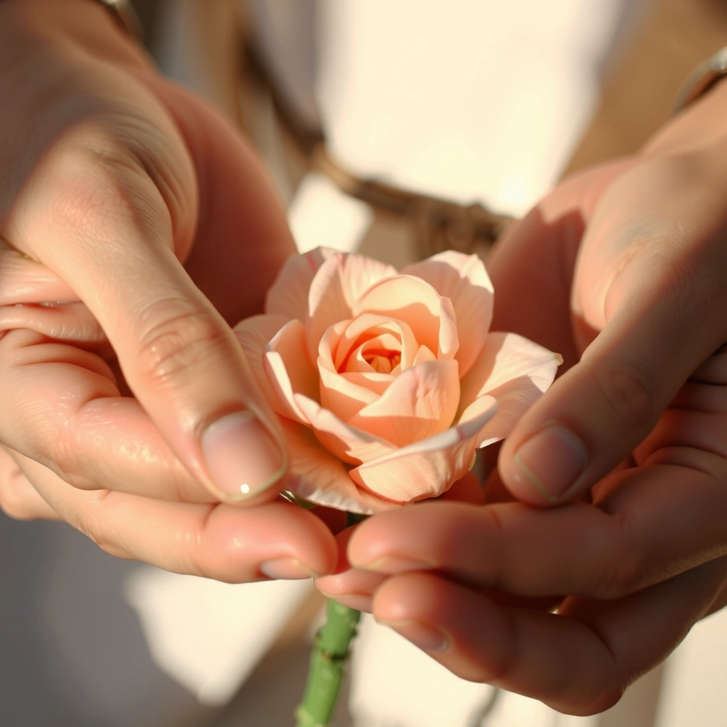 Hands holding a blooming flower with gentle light