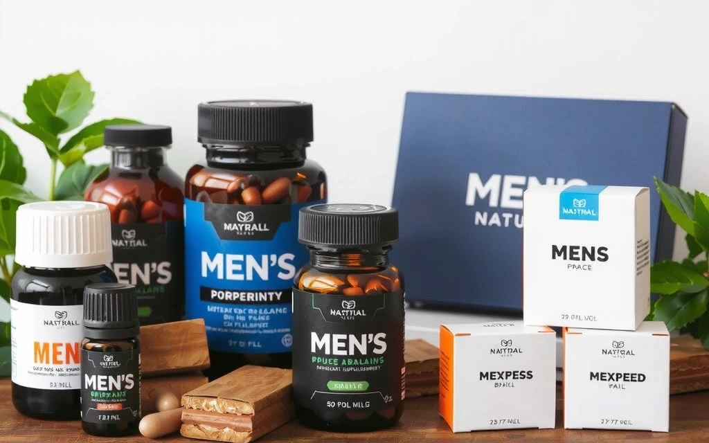 A collection of men's natural supplements in elegant packaging