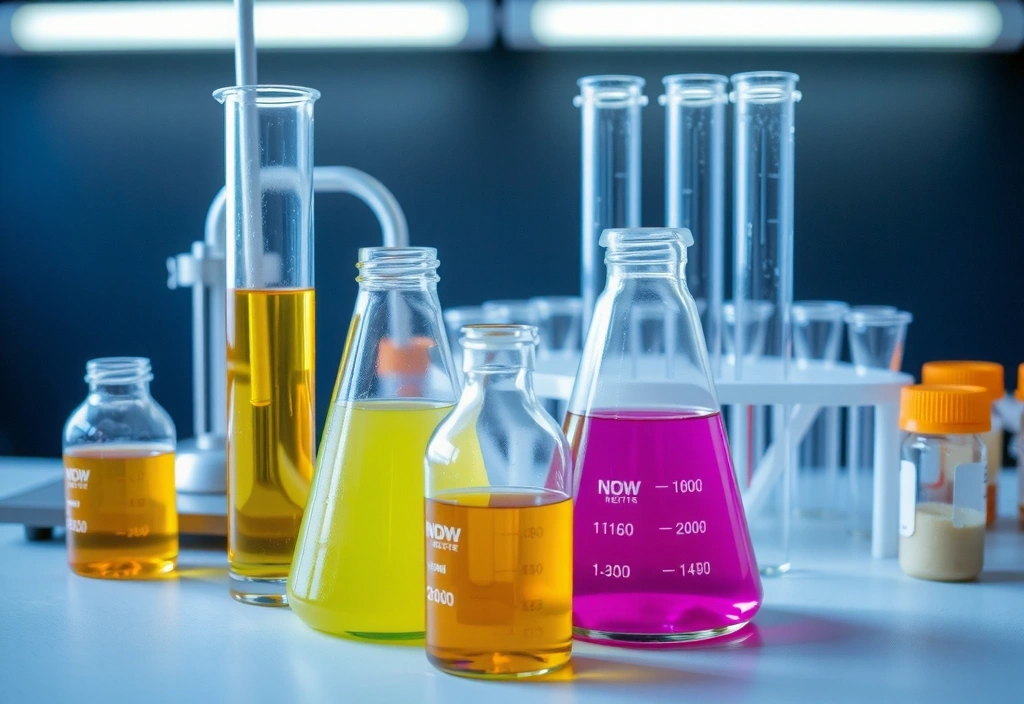 Laboratory equipment with natural plant extracts, symbolizing quality control