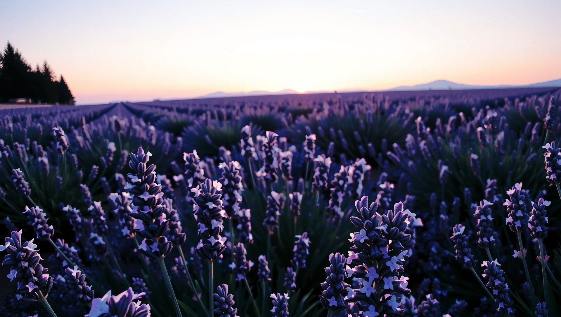 A serene field of lavender under a soft, pastel-toned sky, emphasizing natural beauty and purity. No text.