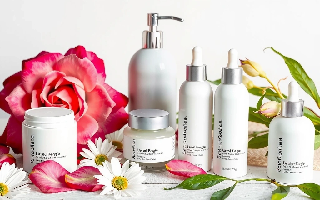 Aesthetic pastel-toned image of natural botanical extracts and luxurious skincare product packaging